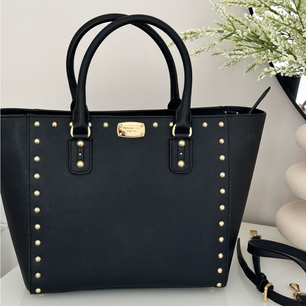 Michael Kors Black Saffiano Leather Studded Sandrine Tote
